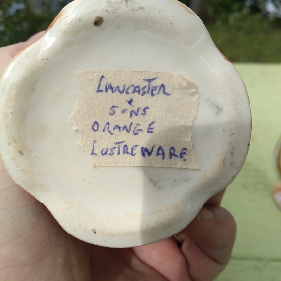 Two Orange Lustreware Vases, Noritake, Lancaster & Sons, Fishermen, Hanley UK - Picture 10 of 11